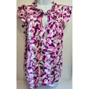 LOFT Outlet Floral Ruffle Neck Tie Keyhole Blouse Top Purple Pink White - M